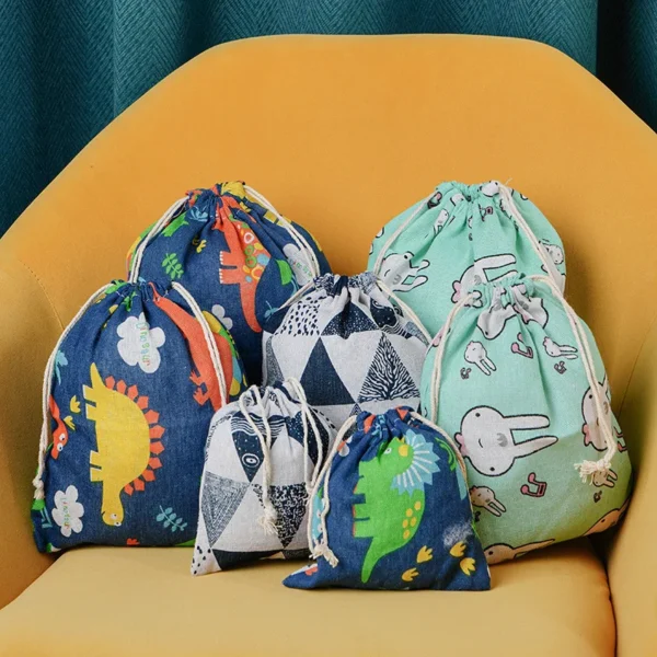 Printed Cotton Hemp Drawstring Bundle Pocket Small Cloth Bag Sundries Underwear Cartoon Storage Bag Travel Storage Bag Gift Bag
